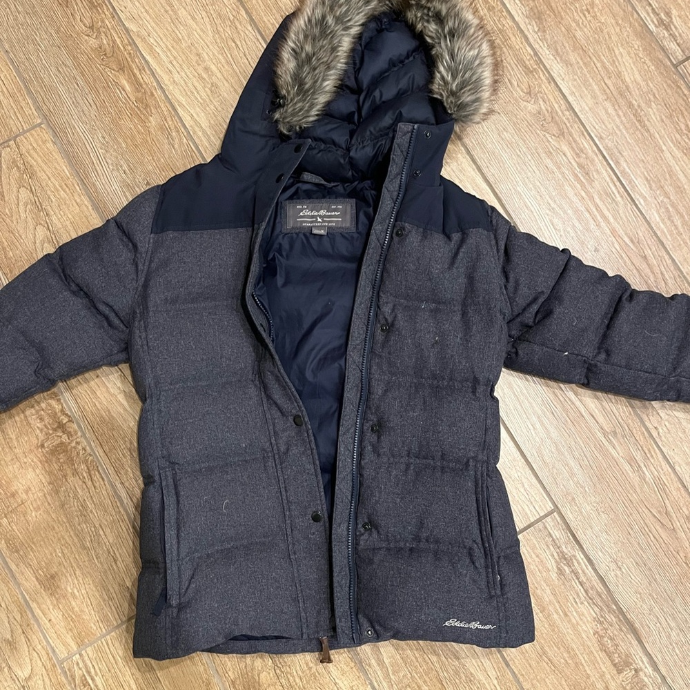 Eddie Bauer Charcoal Puffer Jacket with Faux Fur Trim